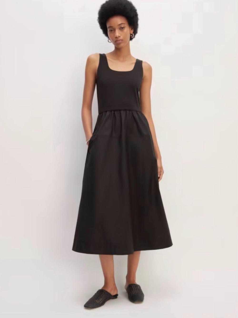 Everlane Black Scoop Neck Midi Dress Knit Top Poplin Skirt Pockets Size 6 NWT